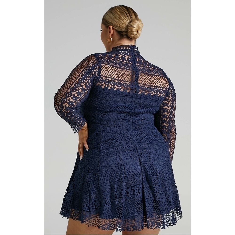 Showpo Hidden Figures Mini Dress in Navy Lace Women’s 14 A-Line High Neck - Picture 2 of 16